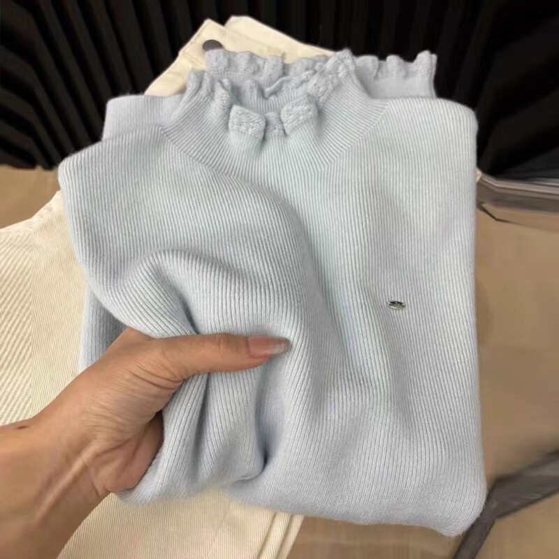 Andy Velvet Half Turtleneck Slim Lace Collar Knitwear for Women 2025 Autumn and Winter Pure Color Versatile Long-Sleeved Bottoming Shirt Top