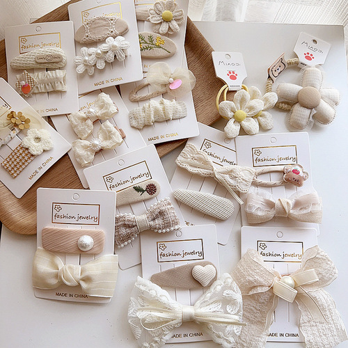 New French retro milk tea color fabric lace bow embroidered flowers children's press clip BB clip rubber band hair accessories