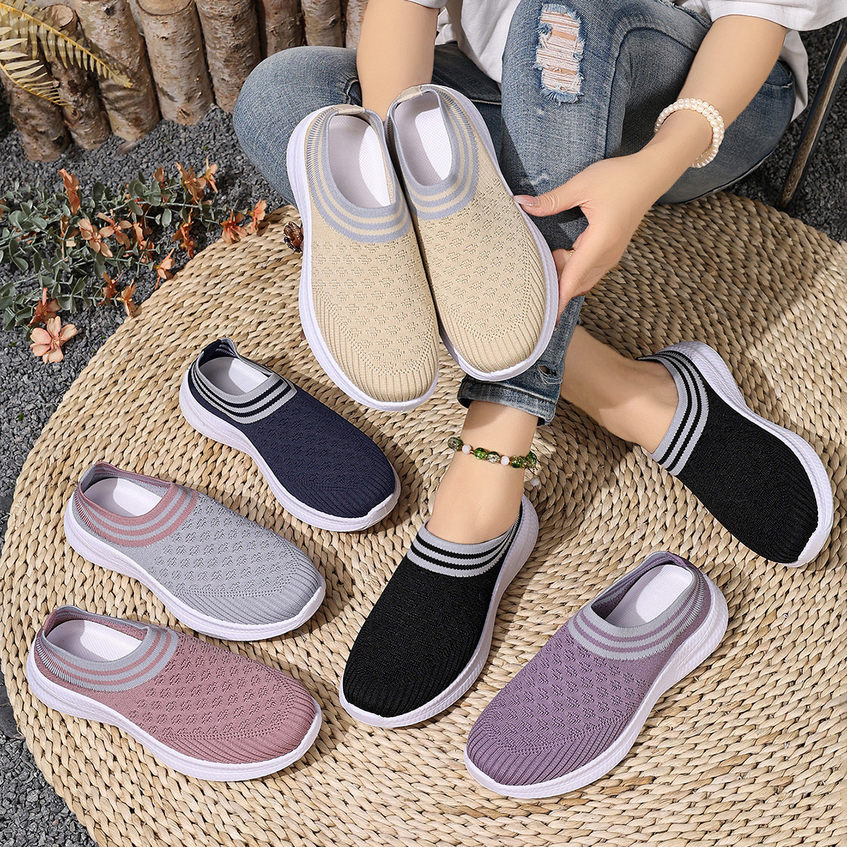 2025 Summer Cash Thick-Soled Mesh Sports Casual Shoes Without Heel Half Slippers for Women Hollow Mesh Shoes for Women