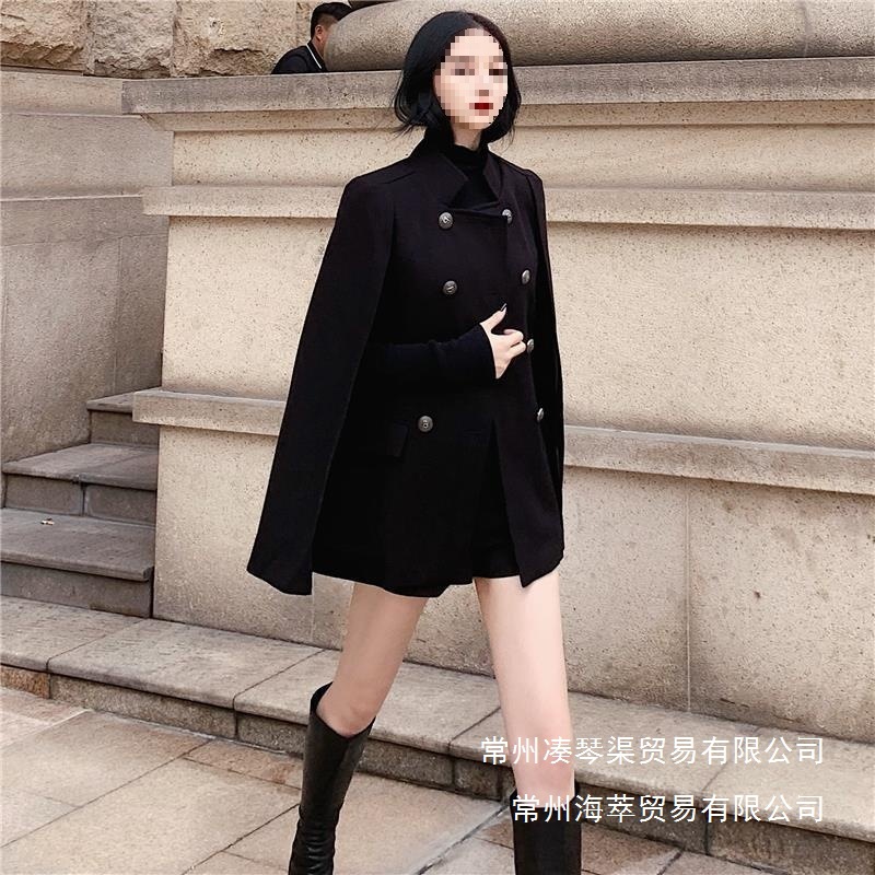 Winter Korean Style 2024 New Trendy Black Cape Coat Versatile Loose Stand Collar Mid-Length Woolen Outerwear Wholesale