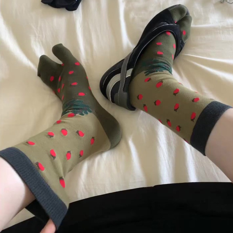 Women's Split-Toe Socks in Olive Green, Japanese Style, Mid-Calf, Retro Red Fruit Wood Clogs Socks, Two-Toe Socks, Cotton, Breathable, Sweat-Absorbent Trendy Socks Women's Split-Toe Socks in Olive Green, Japanese Style, Mid-Calf, Retro Red Fruit Wood Clogs Socks, Two-Toe Socks, Cotton, Breathable, Sweat-Absorbent Trendy Socks