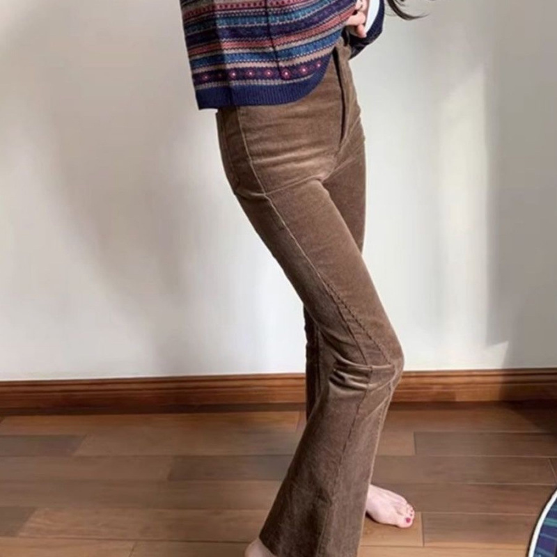 정말 아름다운  빈티지 다크 브라운 코듀로이 와이드 레그 바지 여성용 가을과 겨울 슬림핏 슬리밍 스트레치 마이크로 플레어 바지