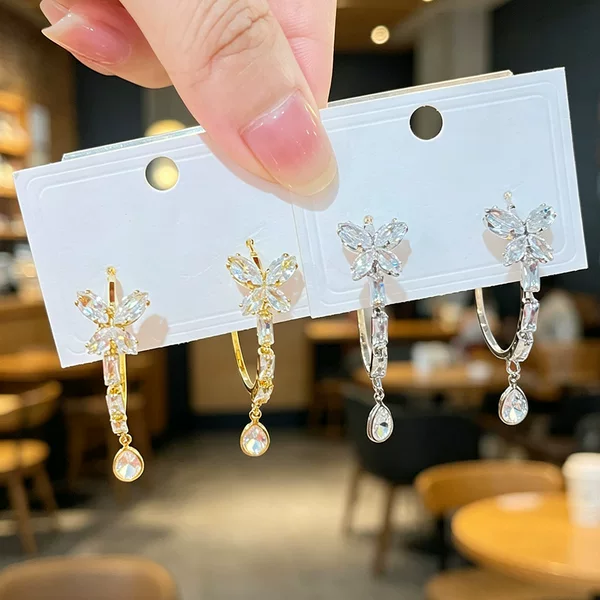 Korean-style light luxury zircon fairy butterfly hoop earrings for women, exquisite, gentle, and lively water drop dangle earrings for everyday and dating