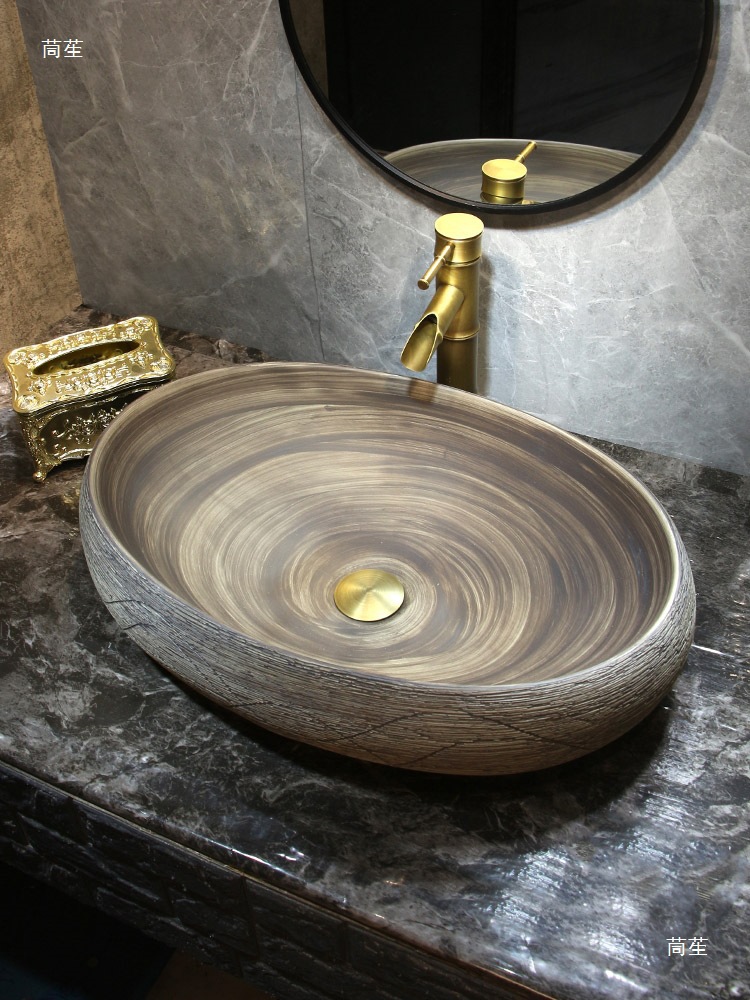 Wabi-Sabi Style American Countertop Basin Small Antique Wood Grain Wash Basin Home Art Wash Basin Ceramic Outdoor Pool