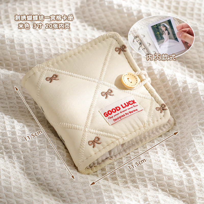 Bordado Bowknot One Palace Grid Card Book Estilo suave Tela suave japonesa Mini álbum de fotos Tarjeta Polaroid de 3 pulgadas