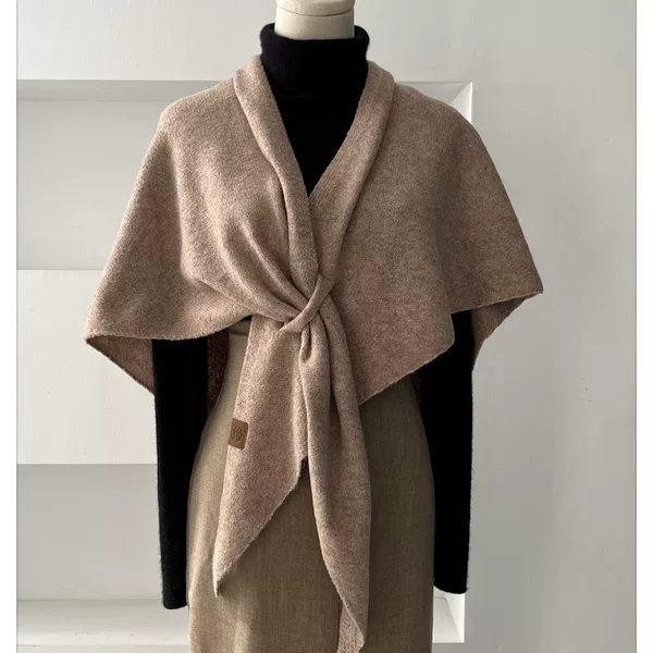 Solid Color Wool Blend Cross-Knit Shawl for Women, Winter Fashion Versatile Warm Neck Protector Outerwear Cape