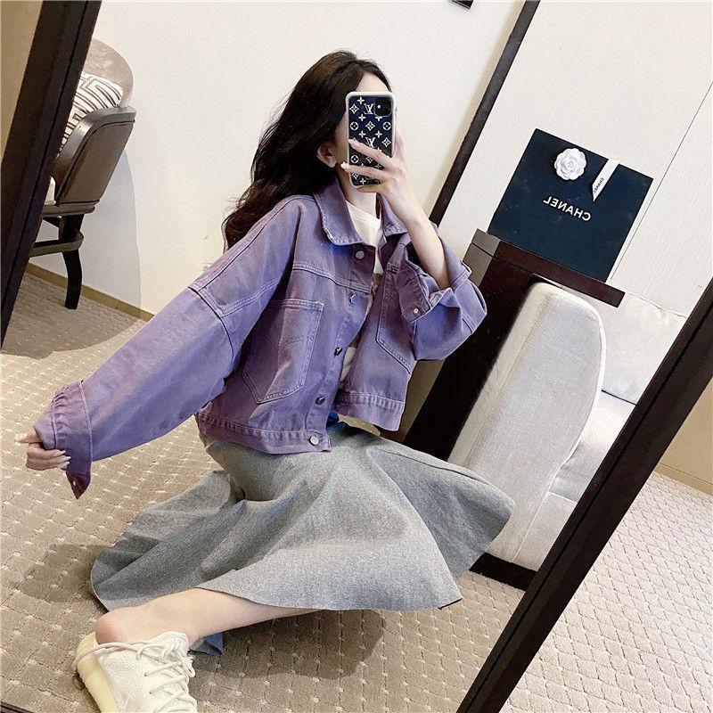 港风短款牛仔外套女夹克上衣2025春秋款百搭韩版休闲牛仔外套紫色|undefined