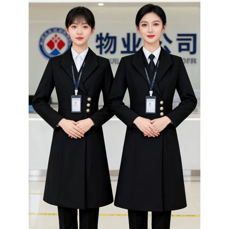 黑色中长款加厚毛呢外套女士冬季物业客服前台工作服职业加棉大衣