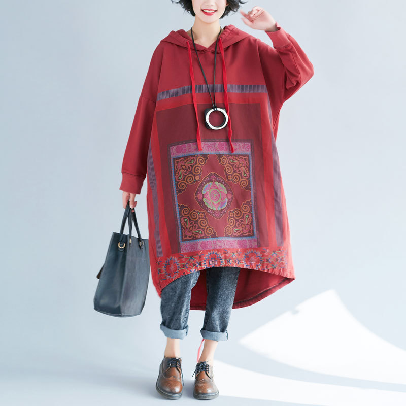 European and American Export Amazon Plus Size Women's Spring Hooded Sweatshirt Loose Printed Long Dress with Asymmetrical Gradient