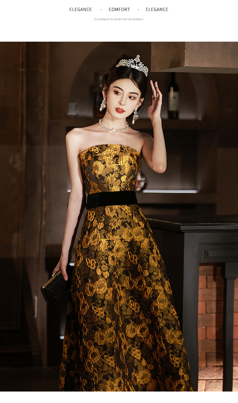 Đầm dạ hội nữ không dây phong cách Pháp, thiết kế ôm body đuôi cá, may đo cao cấp — Màu vàng chi tiết 10