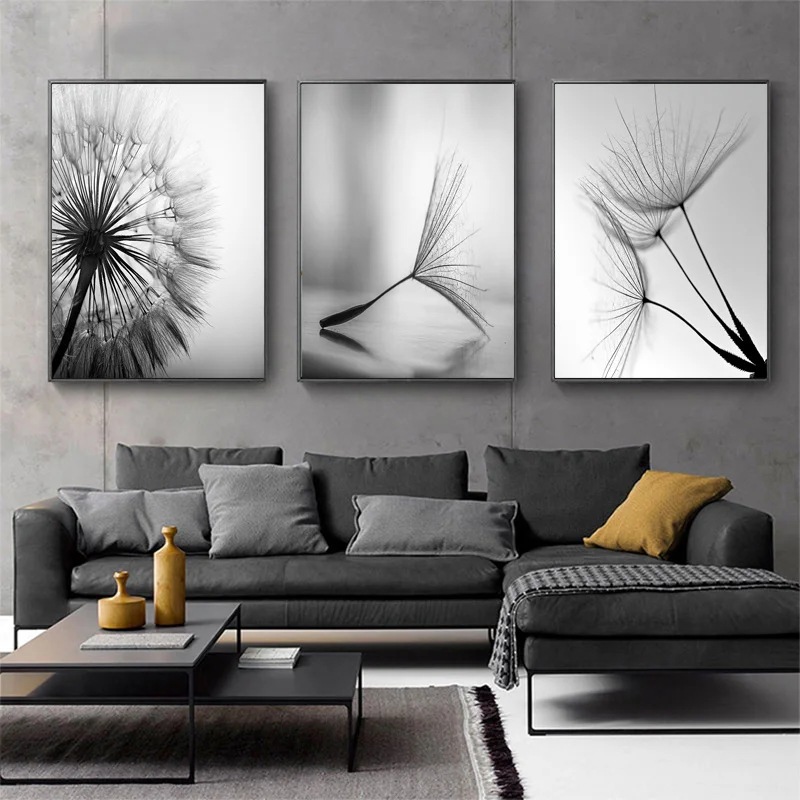 Light Luxury High Quality PS Frame Triple Abstract Black and White Dandelion Art Mural Canvas Painting Hotel Home Spray Painting