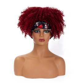 Headbanding wigs 欧美非洲跨境新款酒红色螺丝小卷化纤假发头套