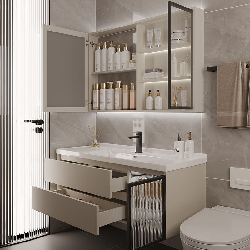 Nuevo estilo crema cerámica integrada lavabo baño gabinete lavabo combinación lavabo