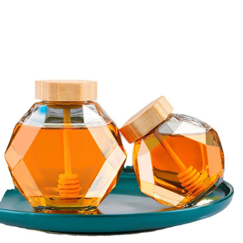Frasco Hermético Hexagonal para Miel de Vidrio con Tapa de Madera y Cuchara Mezcladora image 4