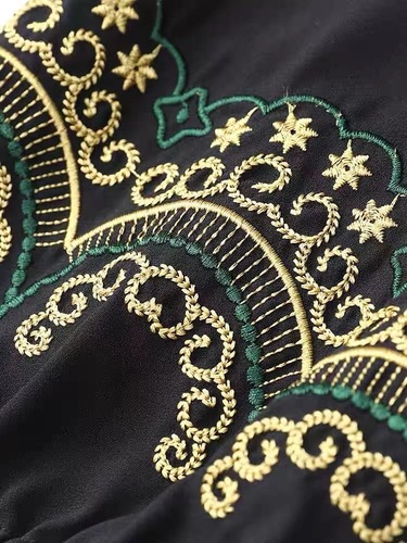 Round Neck Embroidered Ethnic Style Dress New Plus Size Spring and Autumn Women's Retro Splicing Loose Slimming Skirt