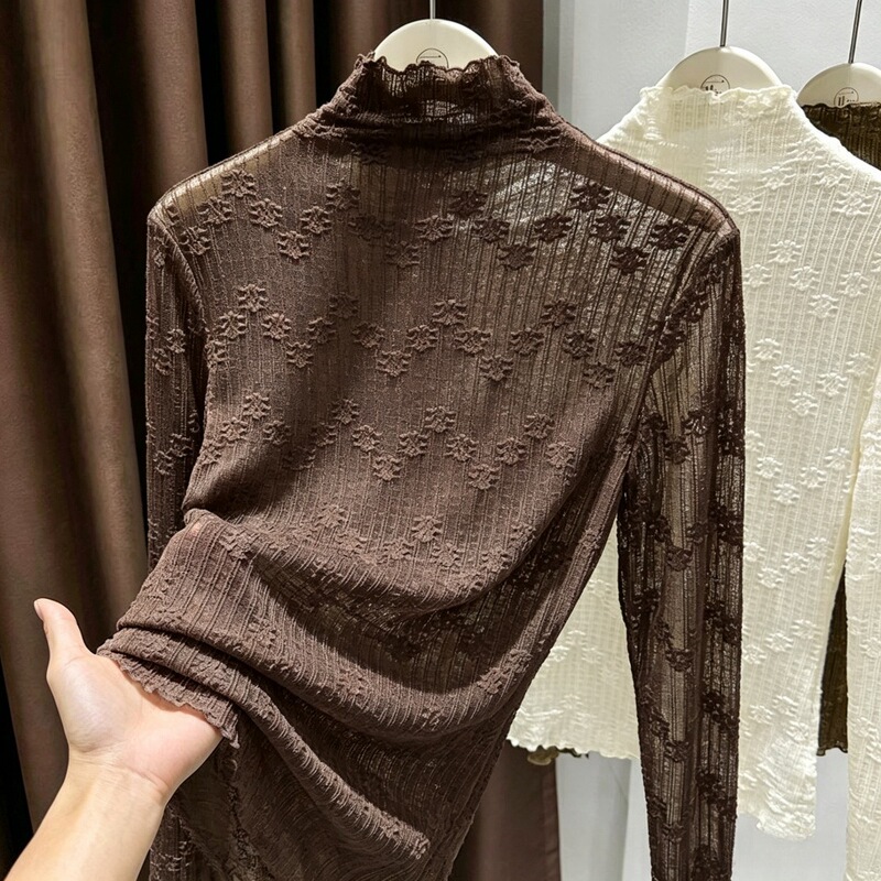 Spring and autumn fashion lace base shirt for women, half-high collar, ruffled mesh T-shirt, layered long-sleeve inner top, stylish top Spring and autumn fashion lace base shirt for women, half-high collar, ruffled mesh T-shirt, layered long-sleeve inner top, stylish top