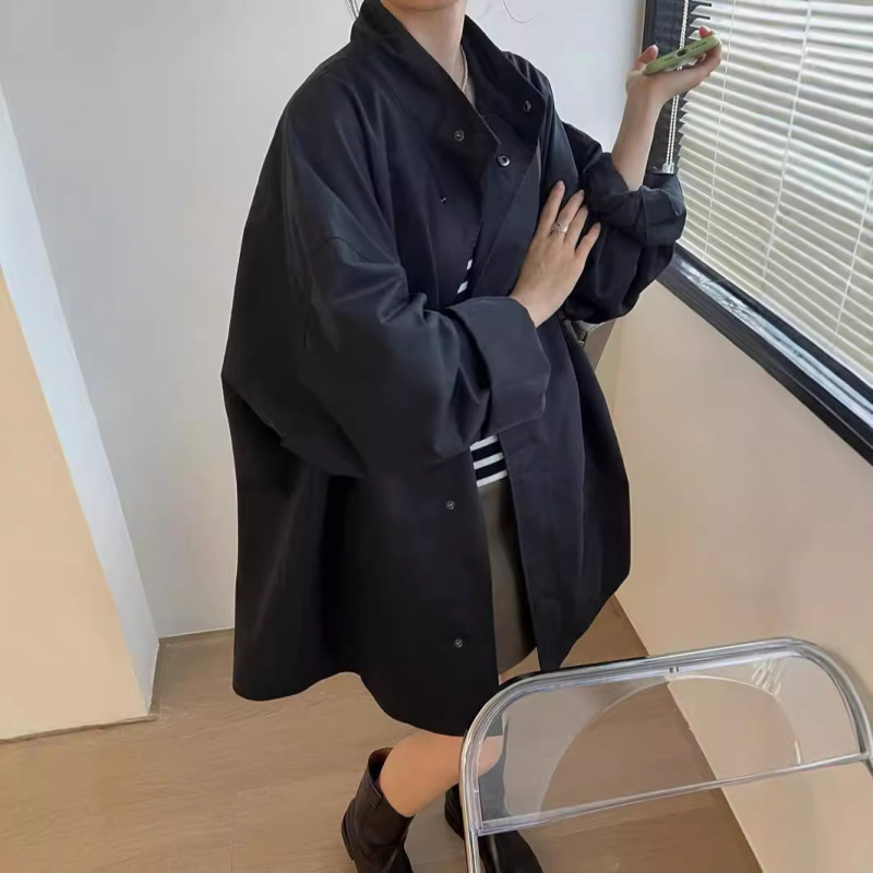 韓国系春服韓国chi薄タイプの怠惰な風立襟ゆったりとしたカジュアルな長袖の中長タイプのウインドブレーカーの女性|undefined