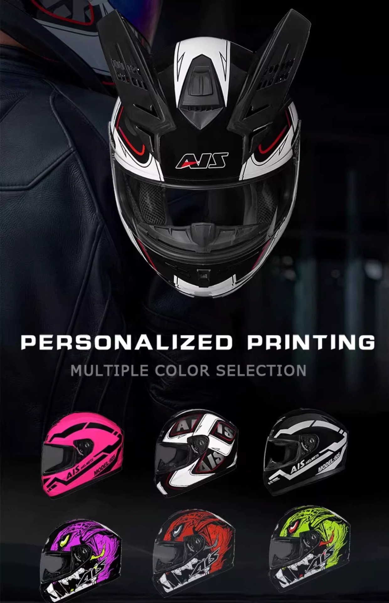 Aishi Men's and Women's Motorcycle Helmets with Personalized Horns, Full-Face Helmets for Motorcycles, Suitable for All Seasons, Summer Electric Safety Helmets, Gray, 3C Certified