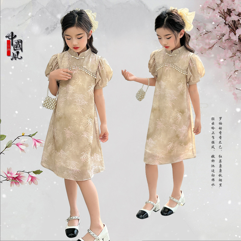 小女孩中国风时尚唐装夏季古风新品珍珠旗袍裙小清新旗袍一件代发