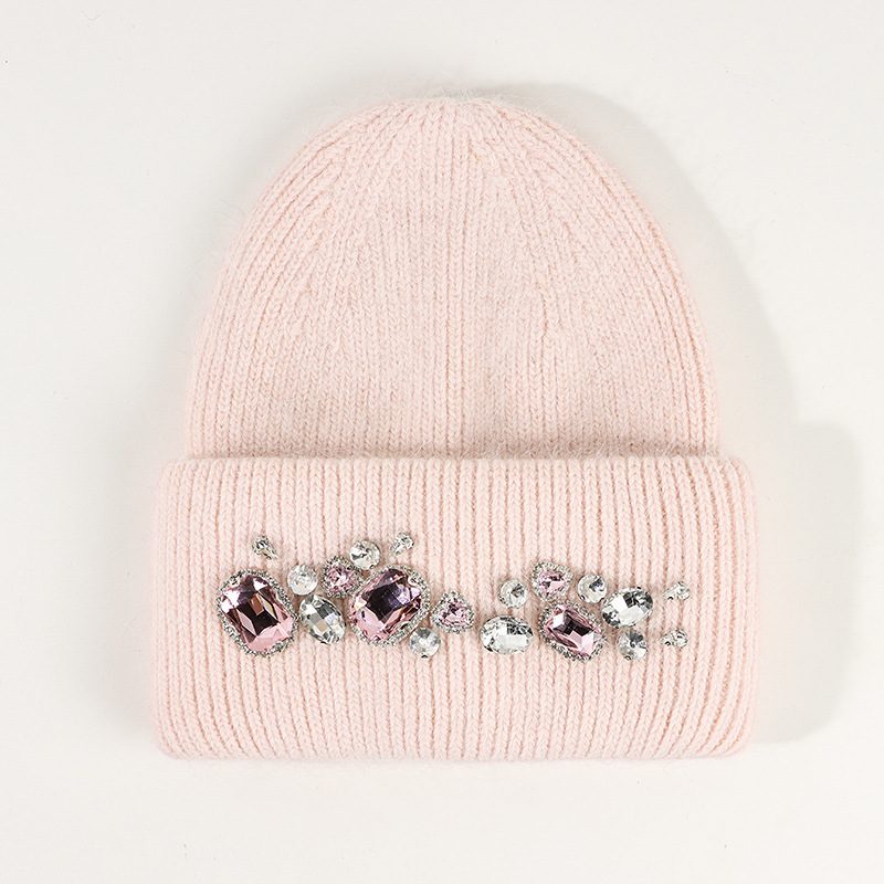 Fashion Style Eaveless Rim Women's Fashion Solid Color Rhinestone Eaveless Wool Cap