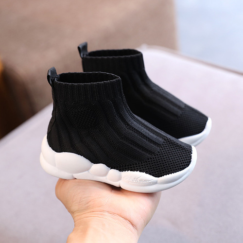  Spring New Boys Socks High-top Sports Shoes Breathable Girls Fly Knit Shoes Korean Style Kids Casual Net Shoes