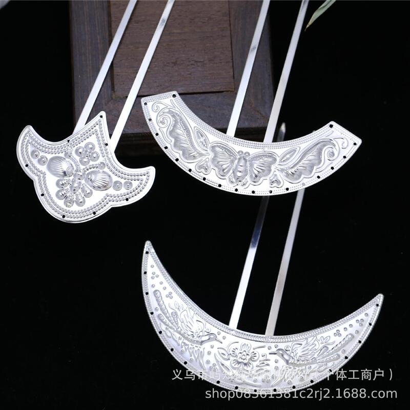 DIY Creative Embossed Jewelry Accessories Ethnic Minority Headwear Silver Jewelry Materials Crescent Hairpin Multi-Hole Moon Fork