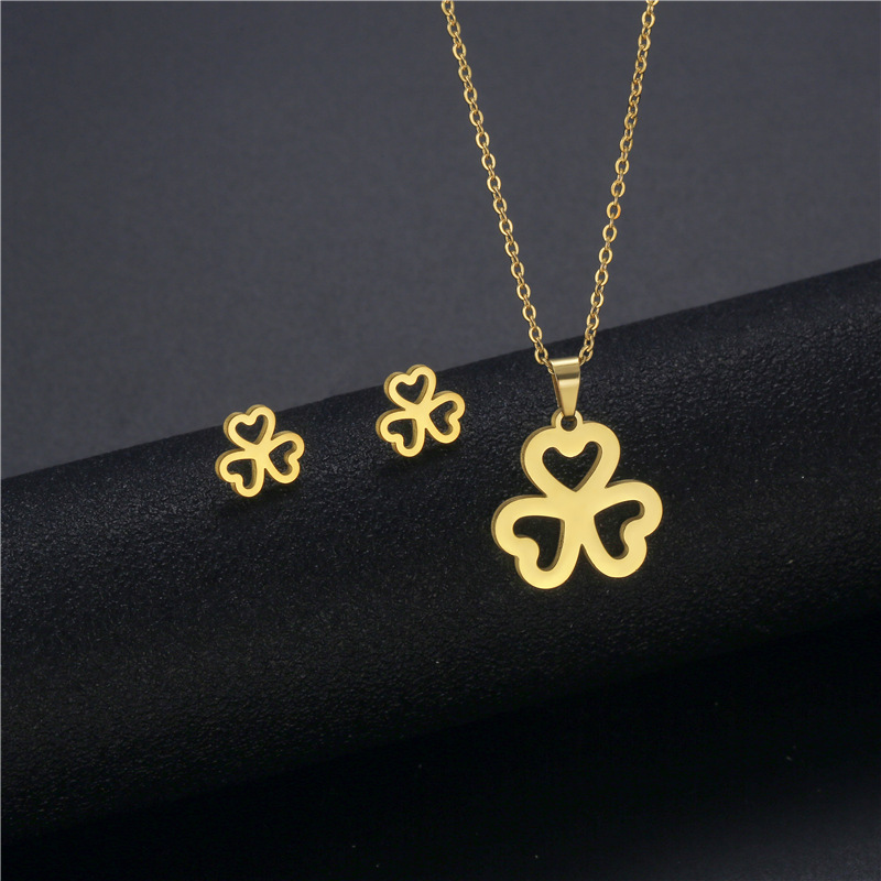 Fashion Clover Stainless Steel Necklace Stud Earrings Set