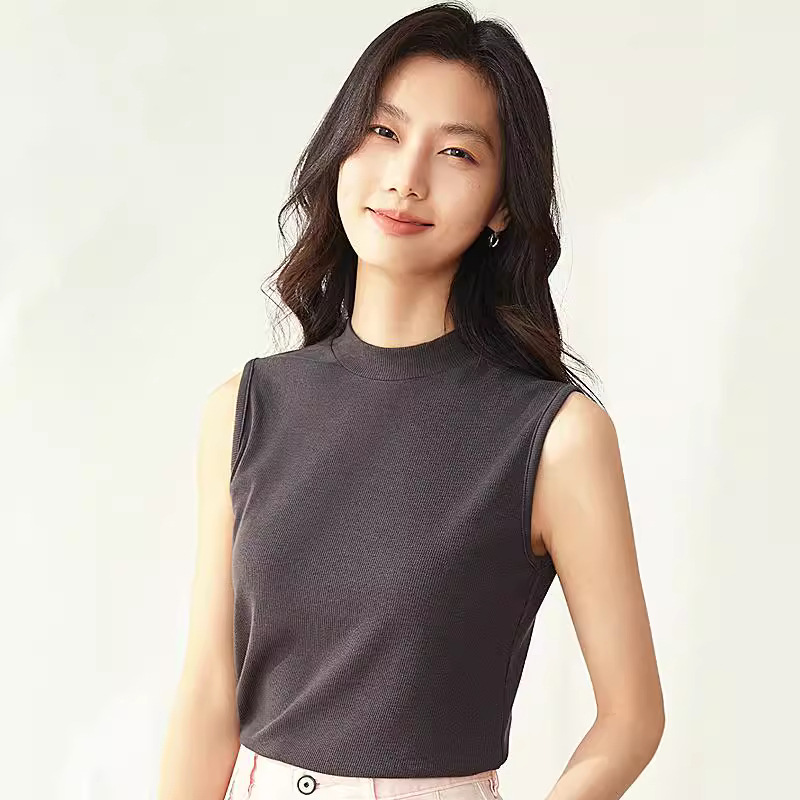 민소매 조끼 2024 여름 새 스타일 하이 칼라 풀오버 에코 실크 기질 솔리드 컬러 패션 다목적 탑 바닥 셔츠