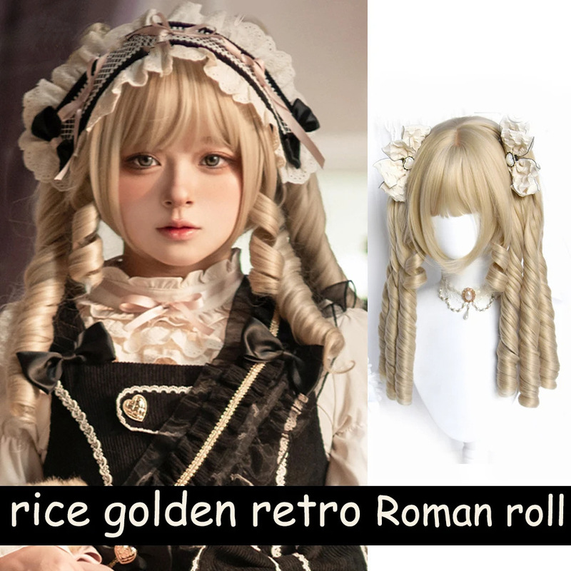 Doll sense Roman roll double ponytail long curly hair headgear with bangs fantasy fashion non-mainstream wig women