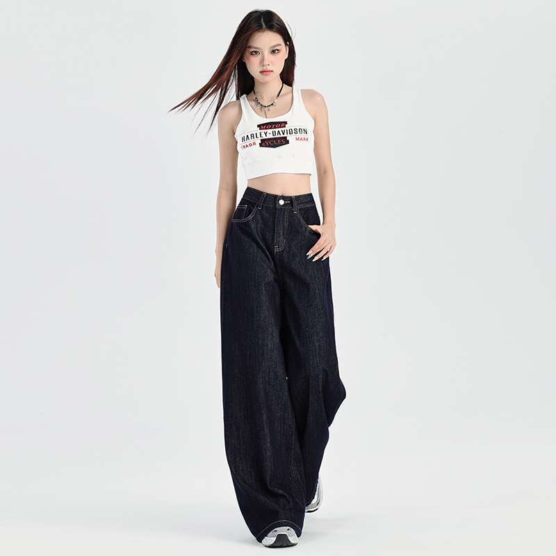 In-Stock Dark Blue American-Style Loose Wide-Leg Jeans for Women, Spring and Summer, with a Draping Effect, Casual Lazy Style, Floor-Length Straight Pants, Dropshipping