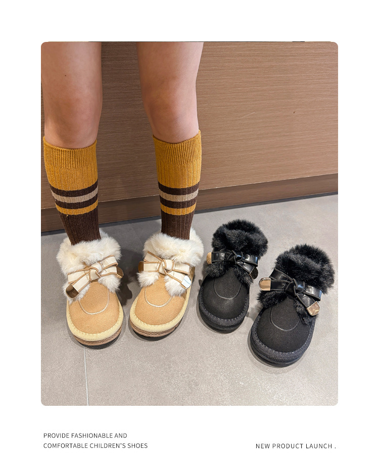 Schneestiefel Winter 2024, neuer Stil, weiche Unterseite mit verdickter Schleife, vielseitig einsetzbar, mittelgroße Baumwolle für Kinder und Mädchen_voghion.com