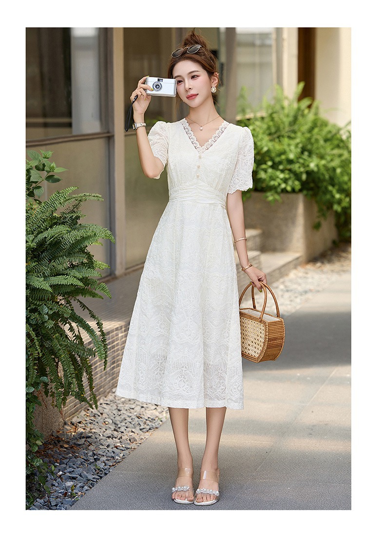 Váy liền ren cổ chữ V chít eo dáng dài phong cách cổ điển ME5627 — Màu như hình chi tiết 11