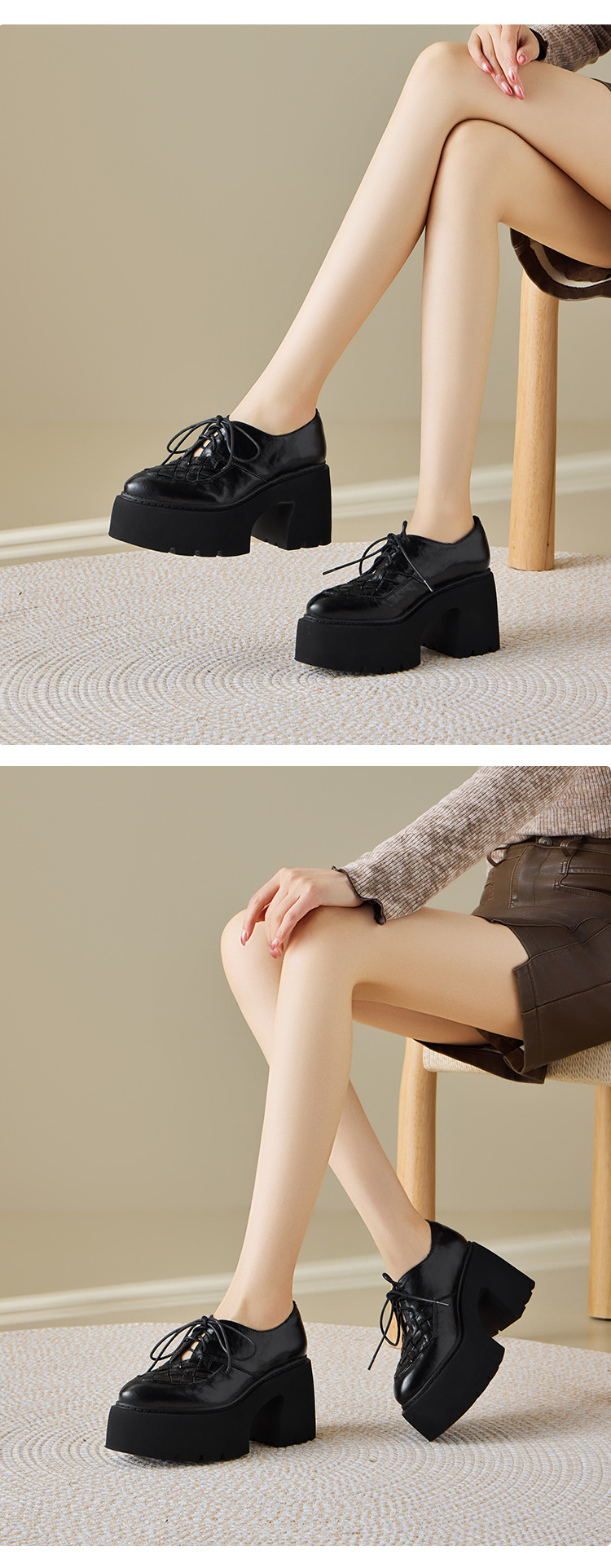 Giày cao gót nữ mũi nhọn gót vuông 10 cm dây buộc phong cách Anh, đế xuồng, da thật — màu đen chi tiết 5
