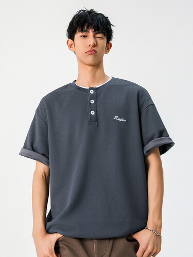 Light Luxury Vintage Money Texture Honeycomb Short-Sleeve T-Shirt for Men - Summer New Henry Collar Polo Shirt 260g Loose Fit T-Shirt