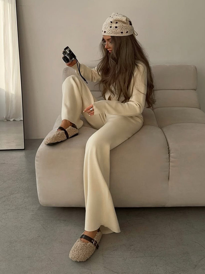 Bộ len dệt kim nữ áo cardigan tay dài quần dài màu trơn — Màu nâu, màu xám, mơ chi tiết 33
