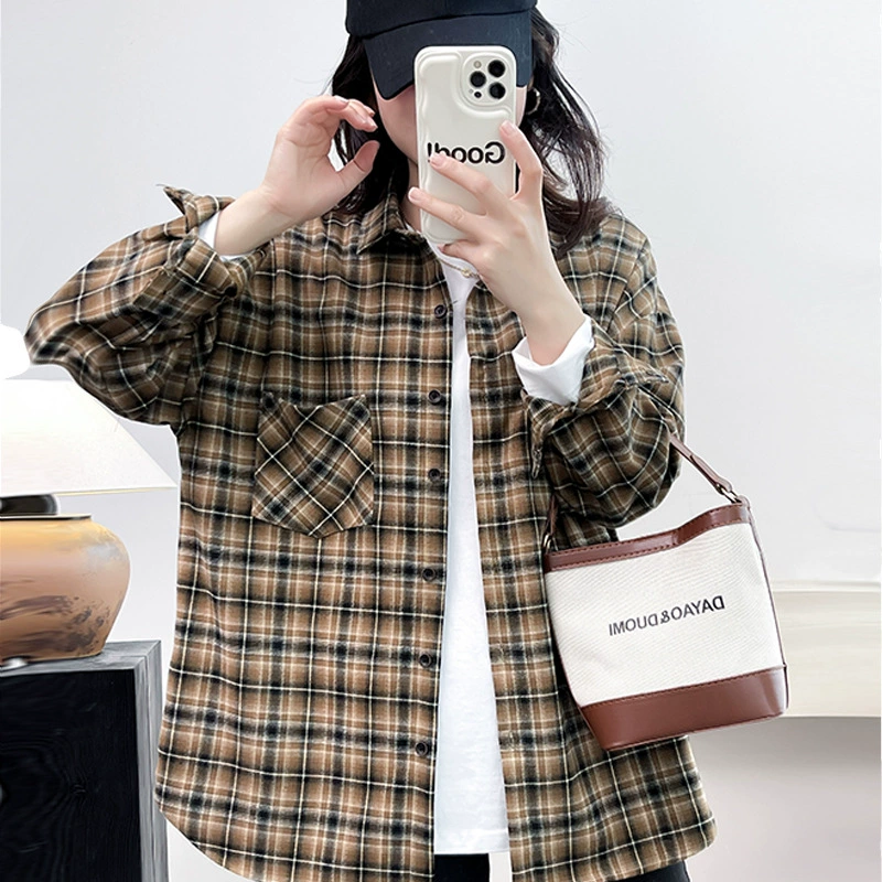 2025 ретро клетчатая рубашка куртка женская весна и осень