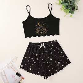 跨境欧美短袖圣诞雪花印花背心吊带上衣短裤家居服套装女装休闲四