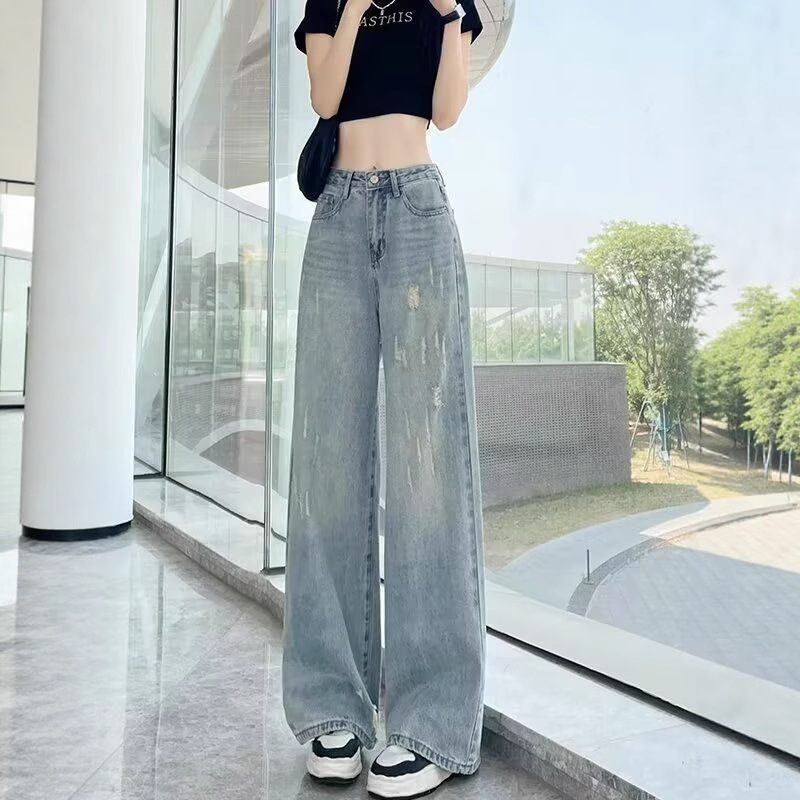 复古水洗破洞抓痕牛仔裤女2025春夏设计感高腰宽松显瘦阔腿拖地裤