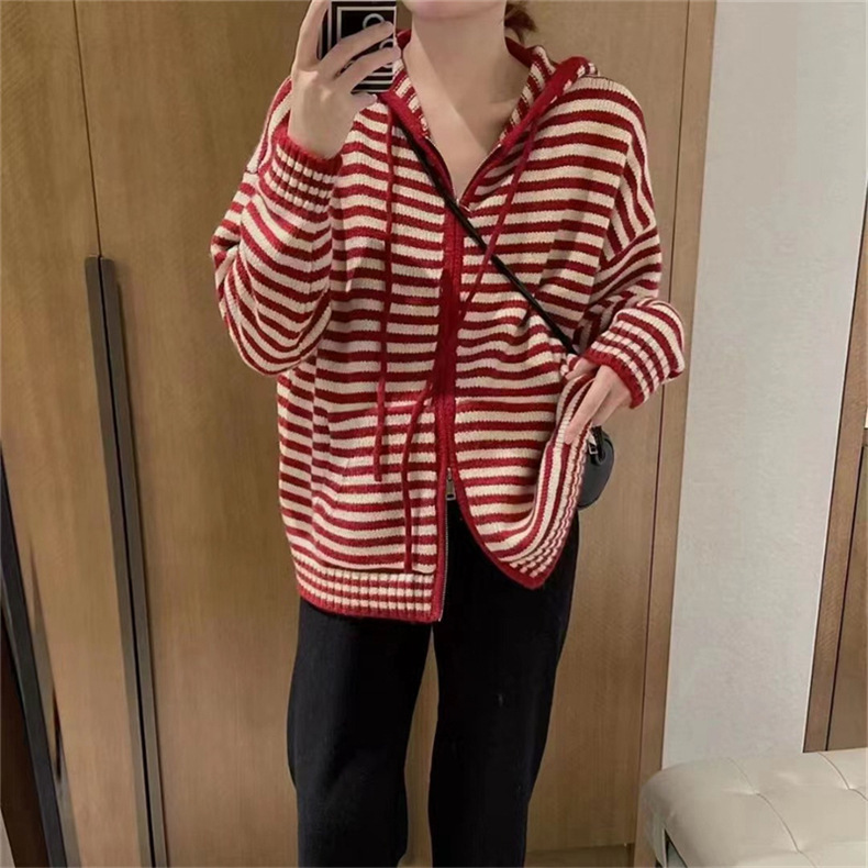 Striped cardigan sweater for women, 2022 autumn new style, loose zipper, outerwear, laid-back style knitted top jacket for women pic 19