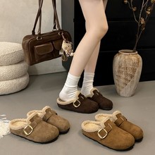 棕色复古增高厚底加绒半拖勃肯鞋女2025新款秋冬保暖包头棉拖鞋子