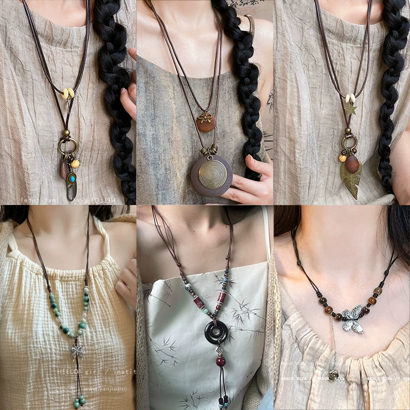 Bronze ethnic necklace, long sweater, accessory, Chinese style, boho style, ethnic style
