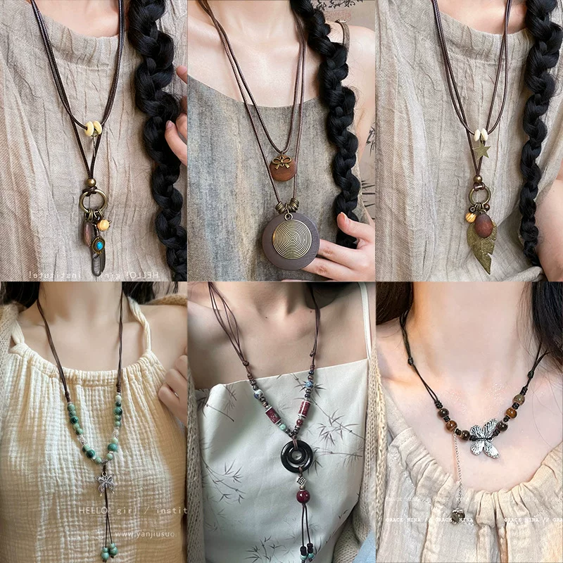 Bronze ethnic necklace, long sweater, accessory, Chinese style, boho style, ethnic style