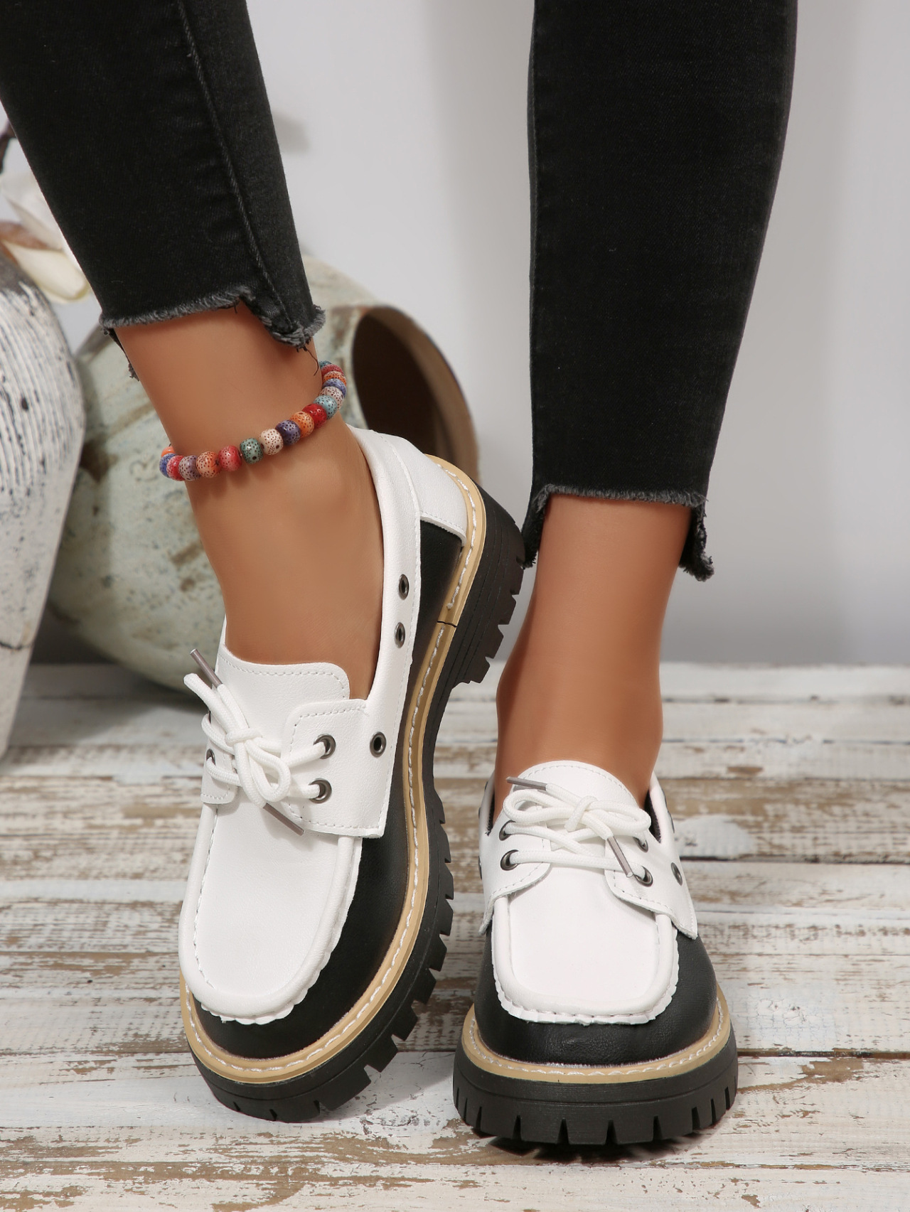 Women's Colour Block Loafers Lace Up Thick Sole Platform Shoes_voghion.com