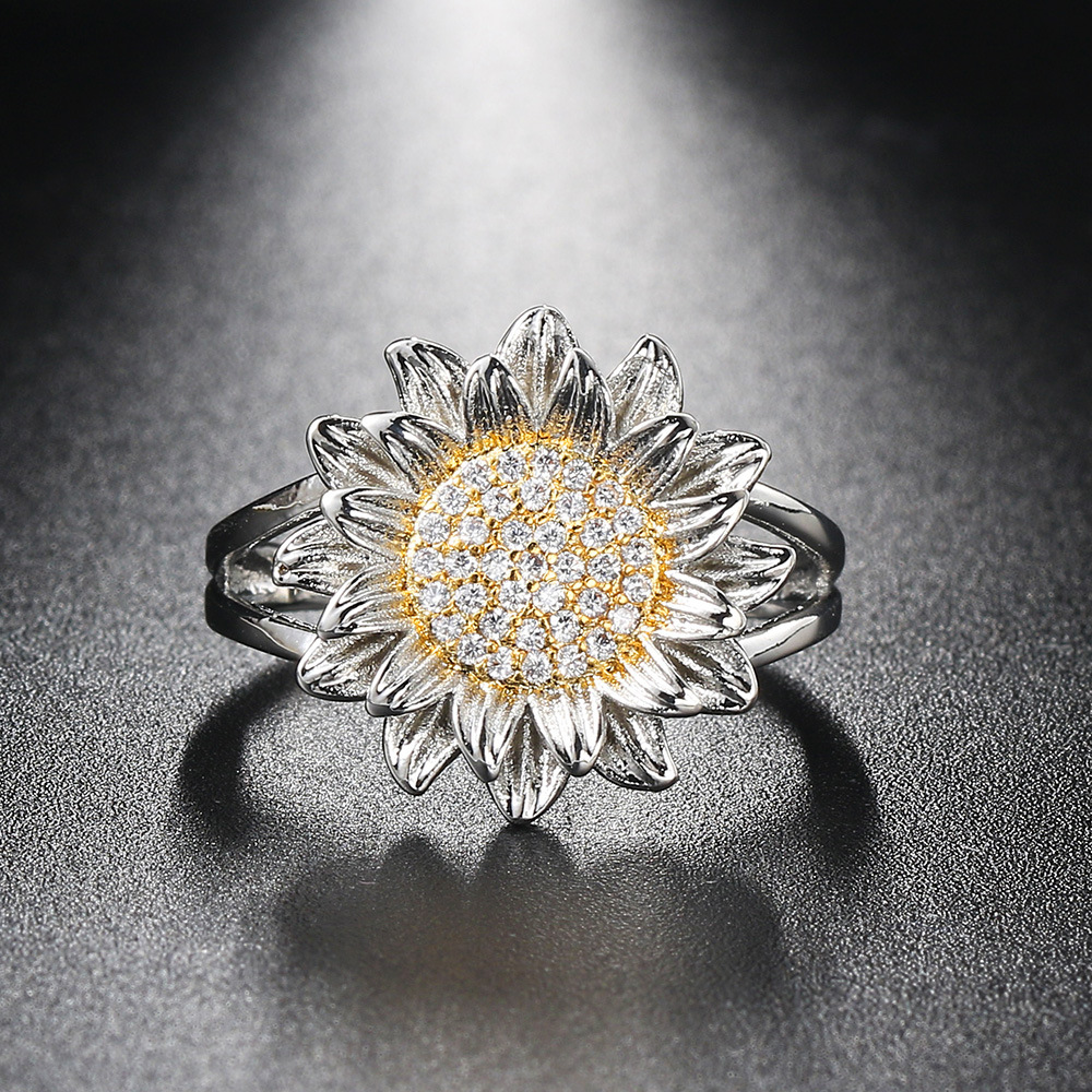 Fashion Sunflower Copper Plating Flowers Inlay Zircon Rings 1 Piece