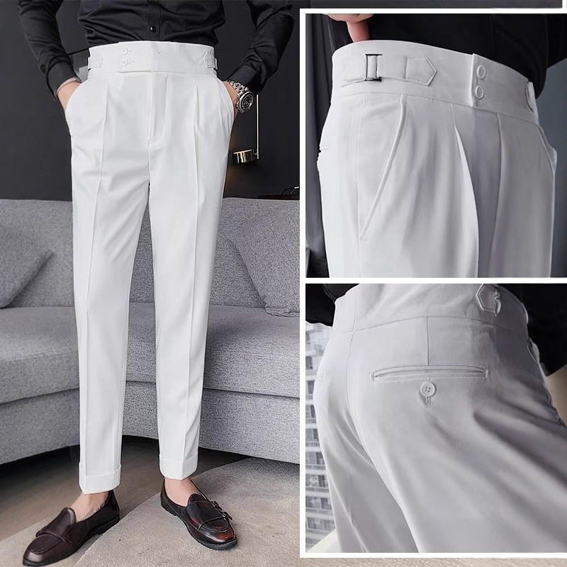 Nápoles traje pantalones de los hombres de estilo coreano slim fit pantalones ajustados otoño retro de cintura alta de negocios de color sólido pantalones casuales rectos