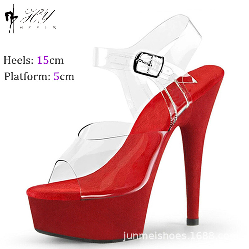 Sandal cao gót nữ đính pha lê gót 15 cm, đế chống thấm da lộn, dự tiệc catwalk — Màu đen, Màu đỏ rượu, Màu hồng, Không trả lại hoặc trao đổi