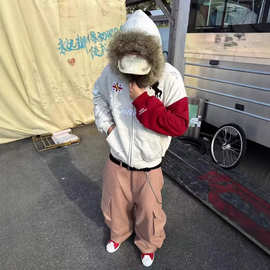 Protocol index 25FW 拼色做旧水洗破坏毛领战马连帽卫衣外套 韩