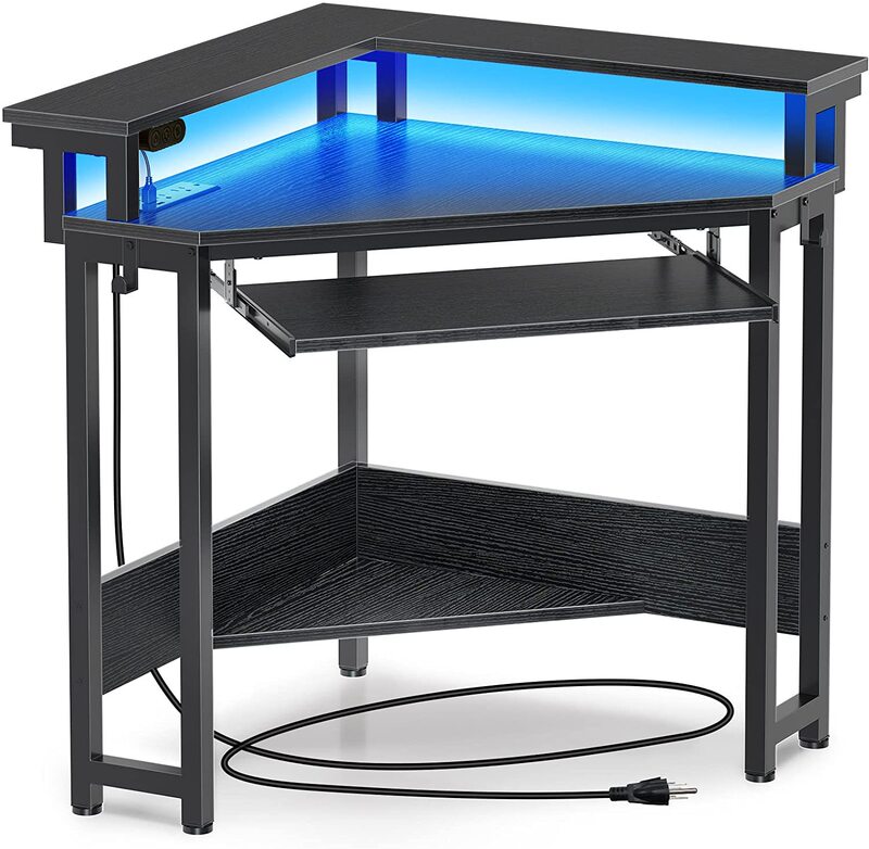 Triangle Computer Desk with Keyboard Tray Monitor Stand Corner Table with Power Socket Led Light Small Computer