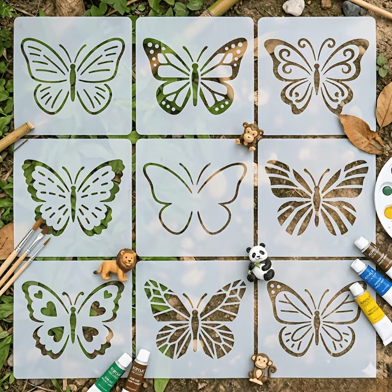 9-Piece Butterfly Painting Stencil Set, Wood/Wall DIY Pet Hollow-Out Stencils, Simple Butterfly Spray Painting
