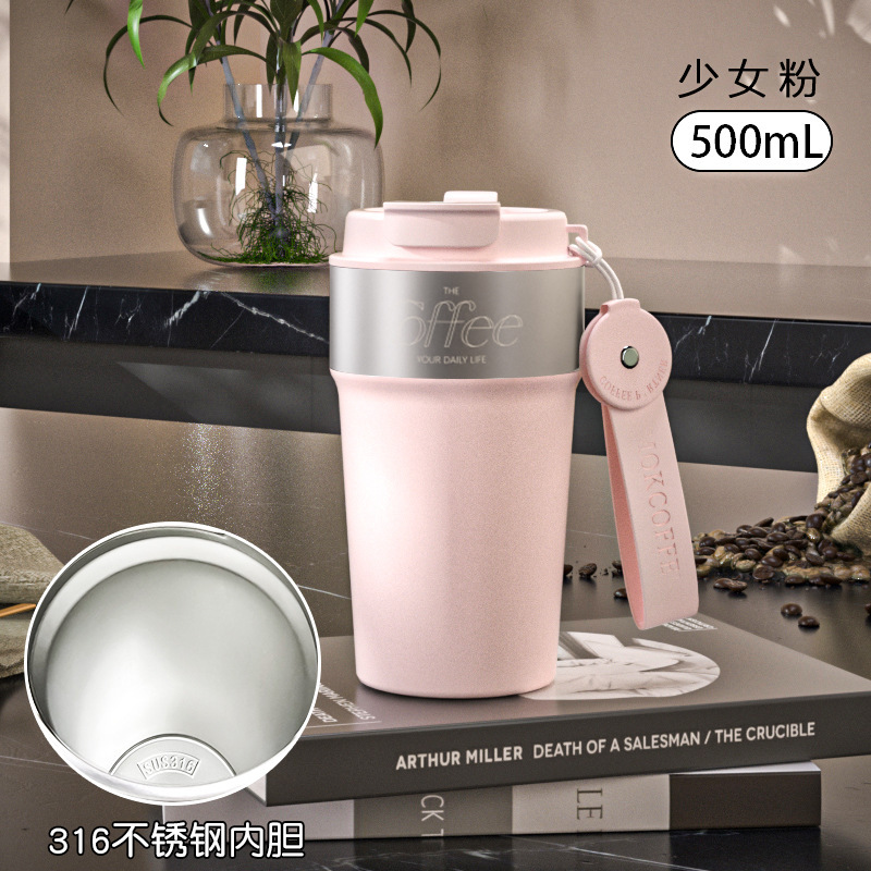 ポータブル二重飲み口コーヒーカップ、ビジネス用ロープ付き二重飲み口カップ、316ステンレス鋼内側スプレーコーティング断熱真空軽量カップ|undefined
